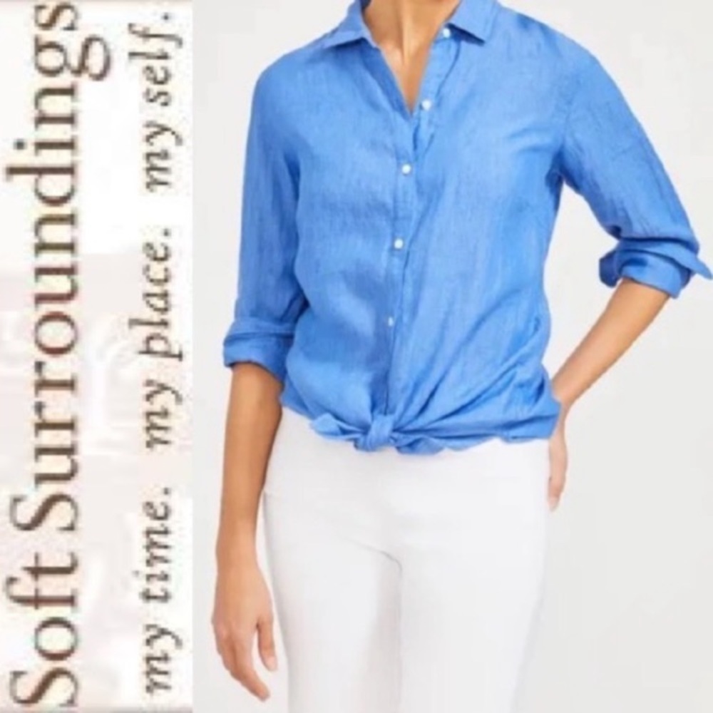 Soft Surroundings Linen Blouse Lightweight Dress Collar Outer Banks Blue Size M